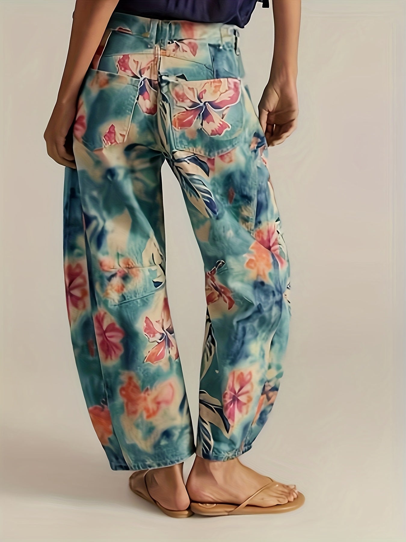 Calças Jeans Femininas de Perna Larga com Estampa Floral Verde - Calças de Pintura Botânica em Azul Turquesa e Rosa, Calças Retas Vintage com Bolsos, Jeans Laváveis à Máquina para Todas as Estações, Ideais para Estilo Boho, Casual e Formal (Padrões de Perna com Flores)