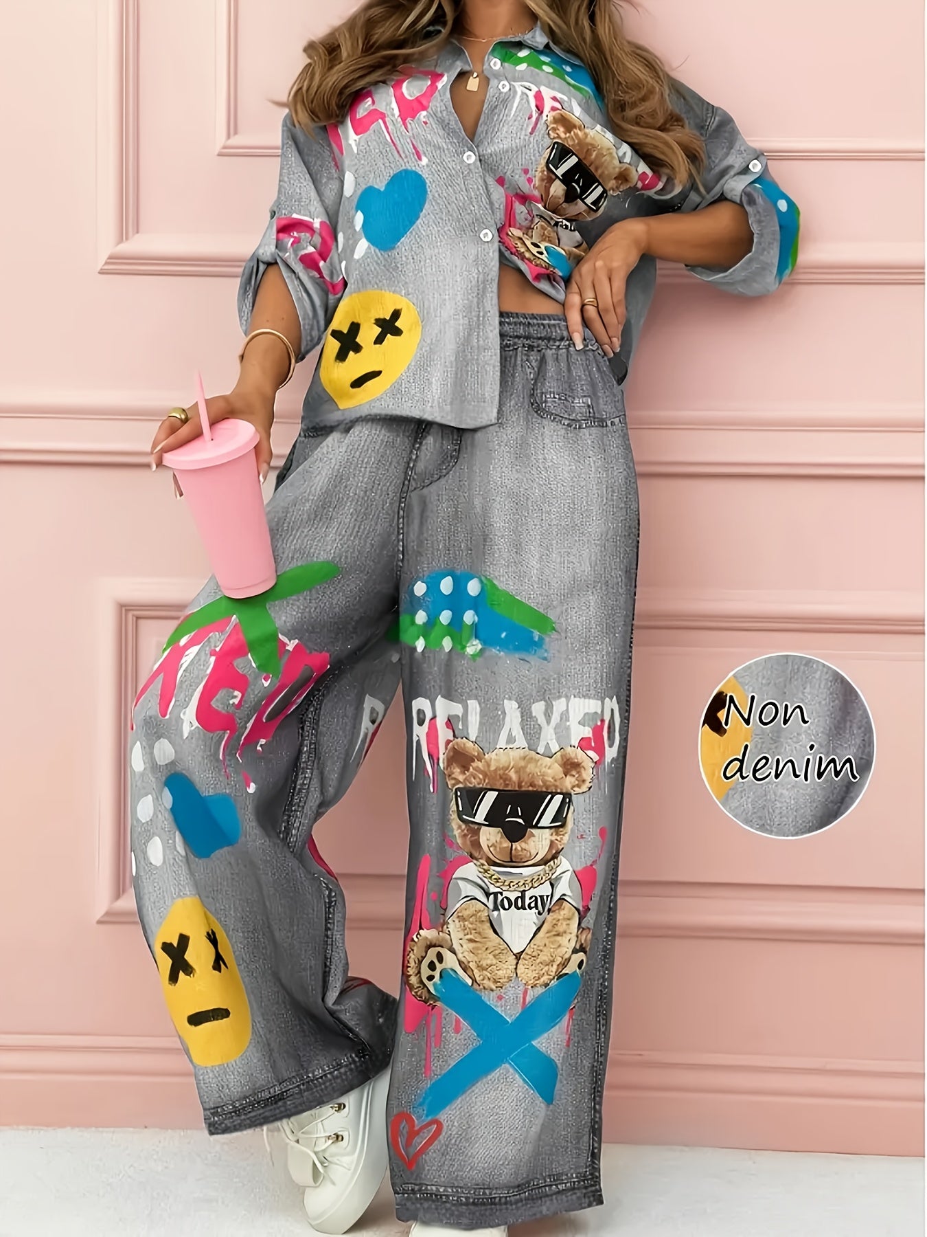 Conjunto Feminino de Outono-Inverno Casual com Estampa de Grafite e Imitação de Denim - Calça Estampada (Não em Tecido Jeans) - Duas Peças