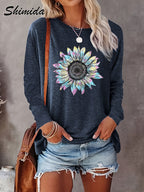 SHIMIDA Camiseta de Manga Longa com Estampa Elegante de Girassol - Blusa de Girassol e Folhas, Gola Redonda para Todas as Estações, Lavável na Máquina, Uso Casual e Sofisticado, Camisa Não Floral para Looks o Ano Todo (Compatível com prova virtual)