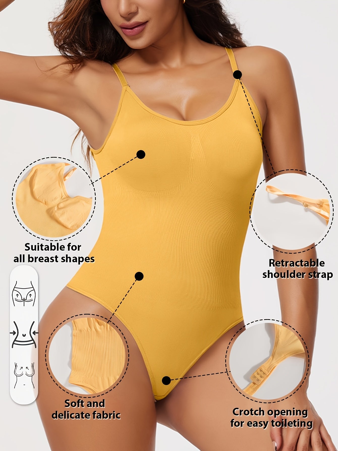 1peça Body Shaper Feminino Sem Costura com Tanga, Abertura na Barriga e Alças Ajustáveis - Suporte Médio, Peito e Cintura Sem Acolcho, Fato de Yoga Fitness em Amarelo Sólido, Estampa de Leopardo ou Preto Sem Costura