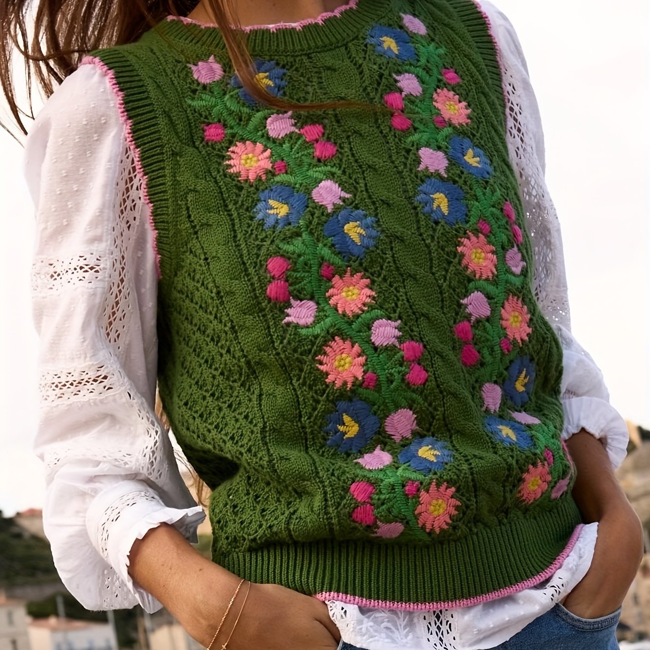 Floral Knit Vest - Versatile Sleeveless Sweater for All Seasons