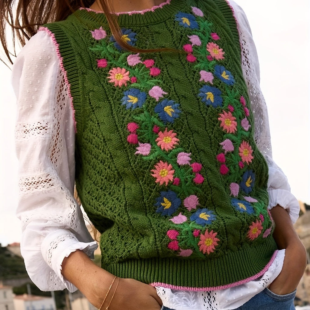 Floral Knit Vest - Versatile Sleeveless Sweater for All Seasons