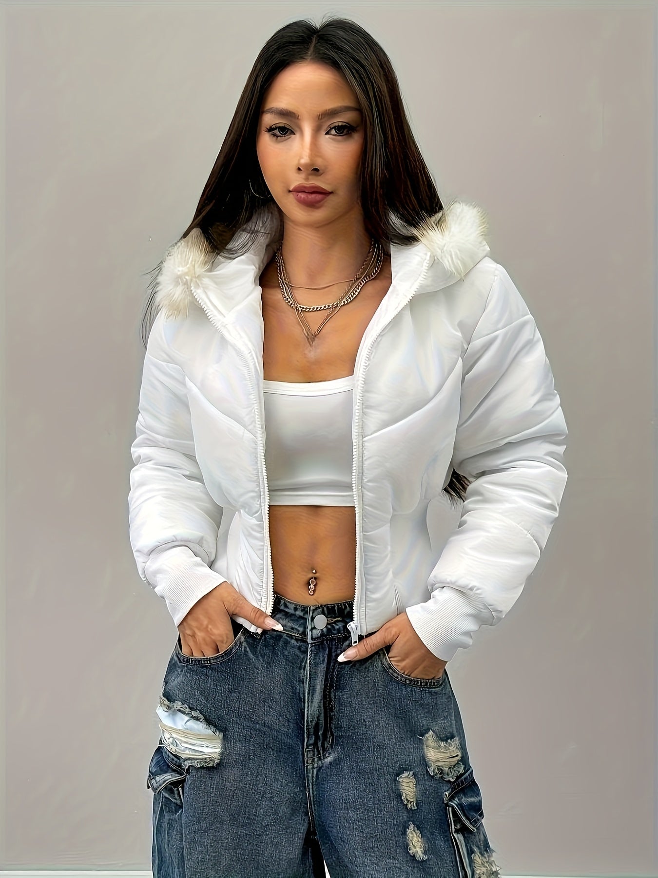 Casaco de Inverno Elegante para Mulher - Casaco de Manga Comprida com Fecho de Zíper Frontal, Tecido Sem Elasticidade, Roupa Exterior Chique para Eventos Diários e Formais - Casaco de Clima Frio de Fácil Cuidado para Mulheres