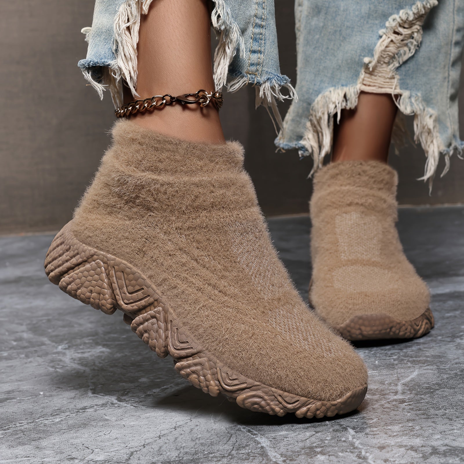 Botas de tornozelo sem cadarço e forradas com fleece para mulheres - Bege, biqueira redonda, sola MD, calçado casual de inverno com detalhe de franja, botas de inverno, botas de inverno antiderrapantes para mulheres, sapato confortável para mulheres, calçado de inverno para mulheres