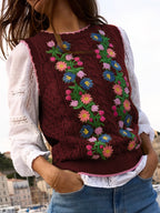 Suéter Feminino Floral - Colete de Malha Elástico, Sem Mangas para Eventos Casuais e Formais, Lavável na Máquina (Verde com Detalhes em Rosa/Azul/Roxo) - Suéter Elegante para Todas as Estações, Blusas Fofas