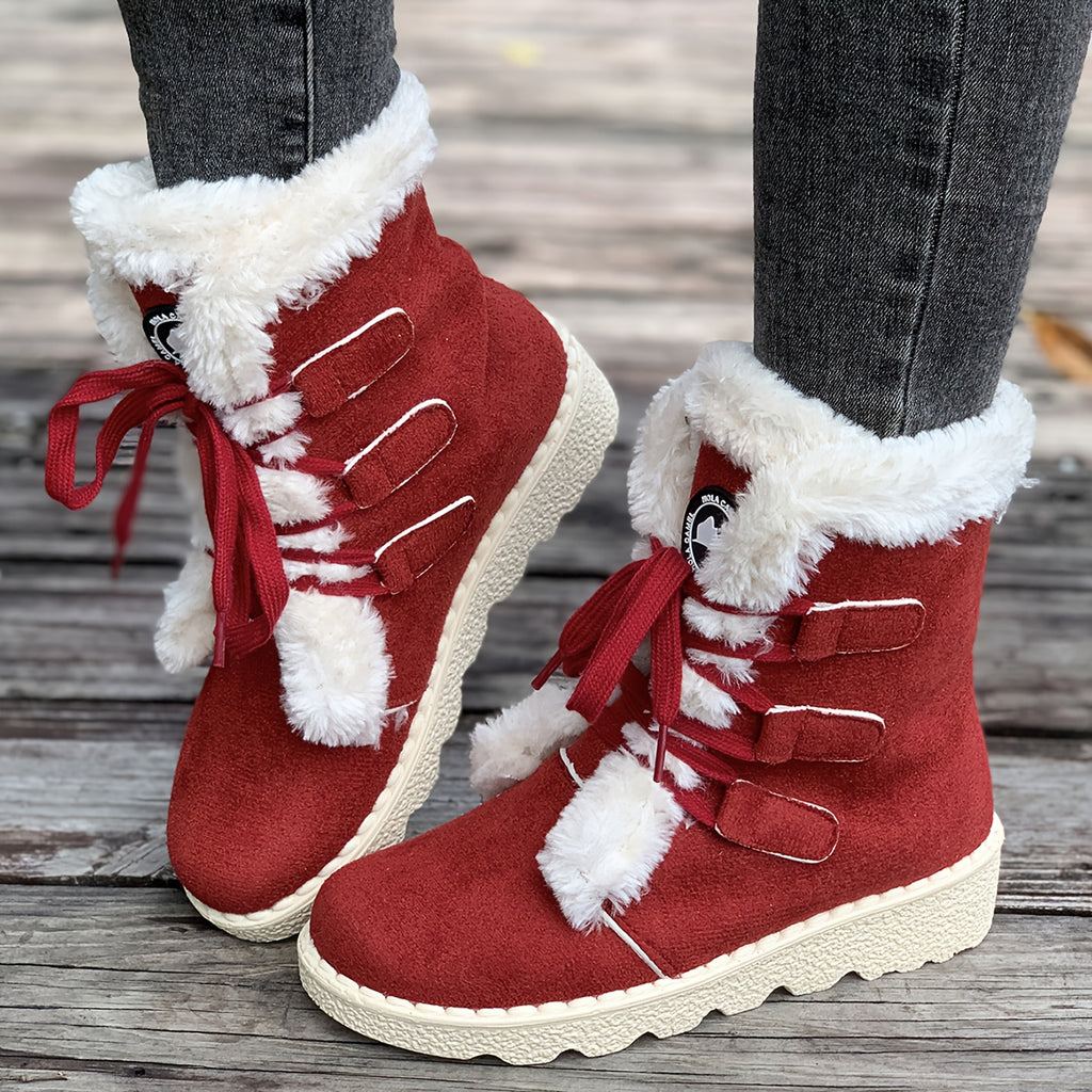 Botas de Inverno Femininas - Botas de Neve de Cano Médio com Fecho de Cordões, Sola de Borracha Antiderrapante, Parte Superior em Tecido Quente - Castanho - Palmilha Acolchoada - Sapatos para Clima Frio para Senhoras, Botas de Inverno Femininas, Interior Forrado a Pelúcia