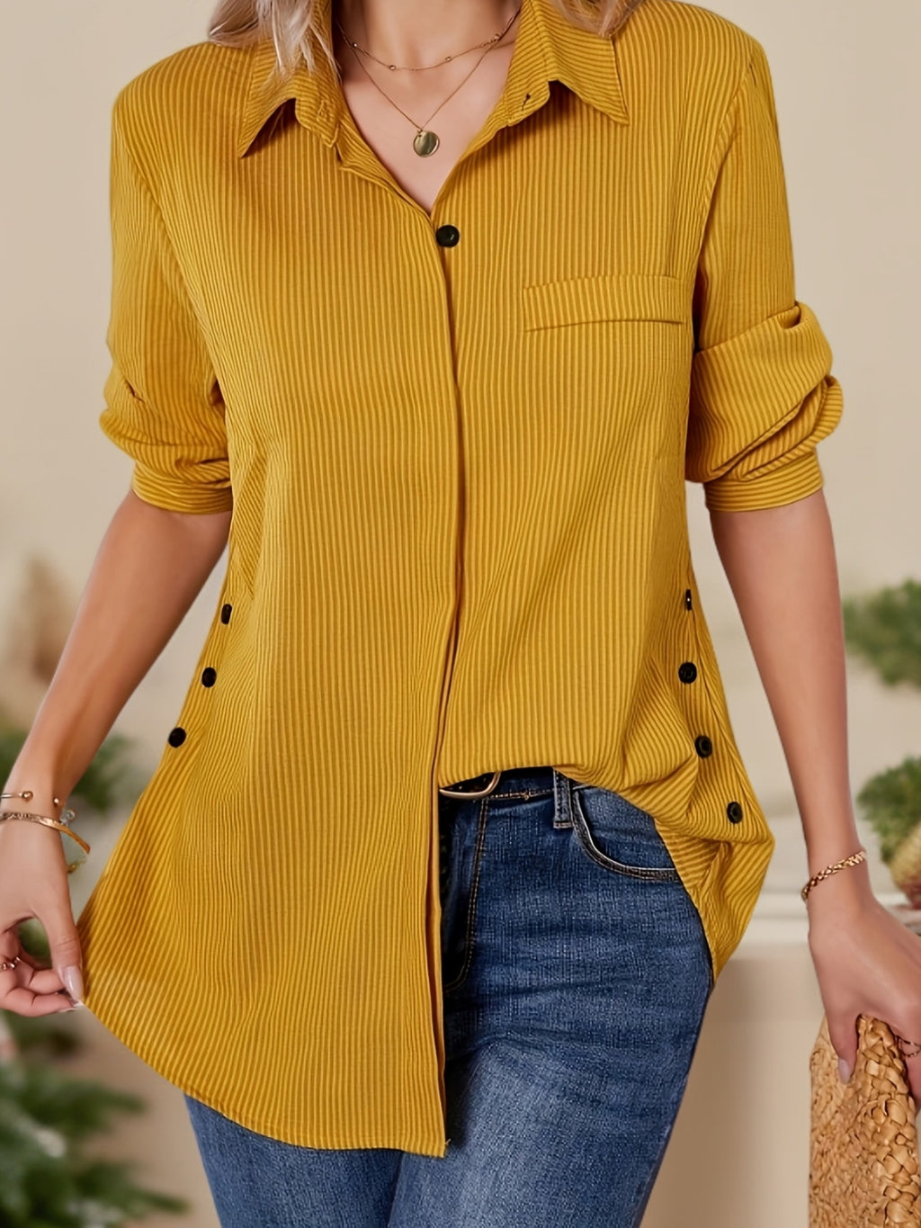 Blusa Com Botão Lateral Sólido, Blusa Com Colar Boho E Mangas Enroláveis, Roupas Femininas