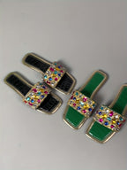 Sandálias Femininas Coloridas com Strass - Elegantes Sandálias de Dedo Aberto para o Verão com Design de Pedras Preciosas Vibrantes, Chinelos Casuais Confortáveis para Festas e Eventos ao Ar Livre, Calçados de Praia | Sandálias Vibrantes | Decorações com Pedras Preciosas, Sandálias Femininas