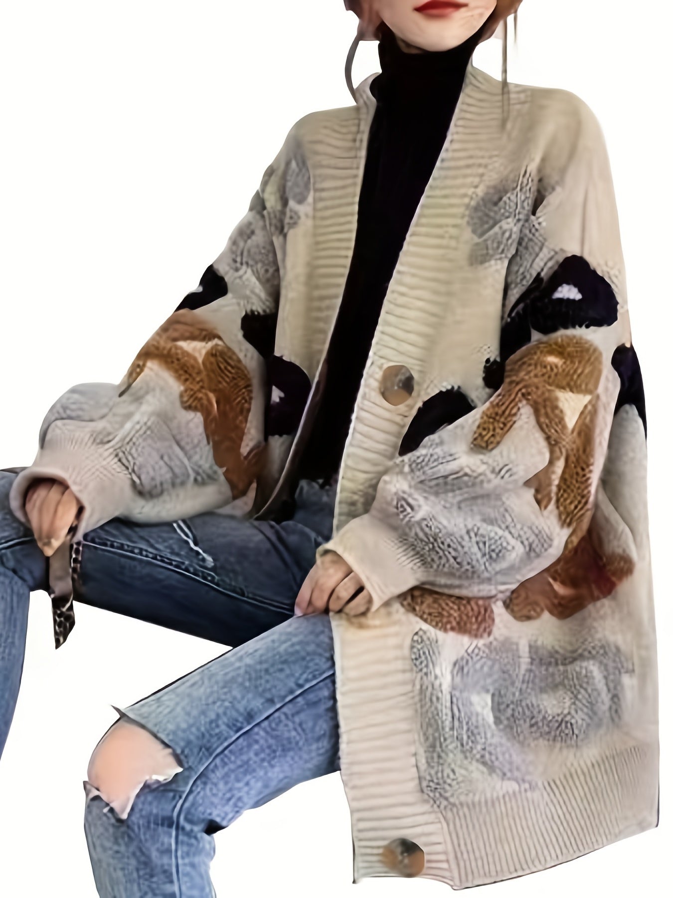 Cardigan de botão com padrão de letras, cardigan casual de manga longa para outono e inverno, roupas femininas