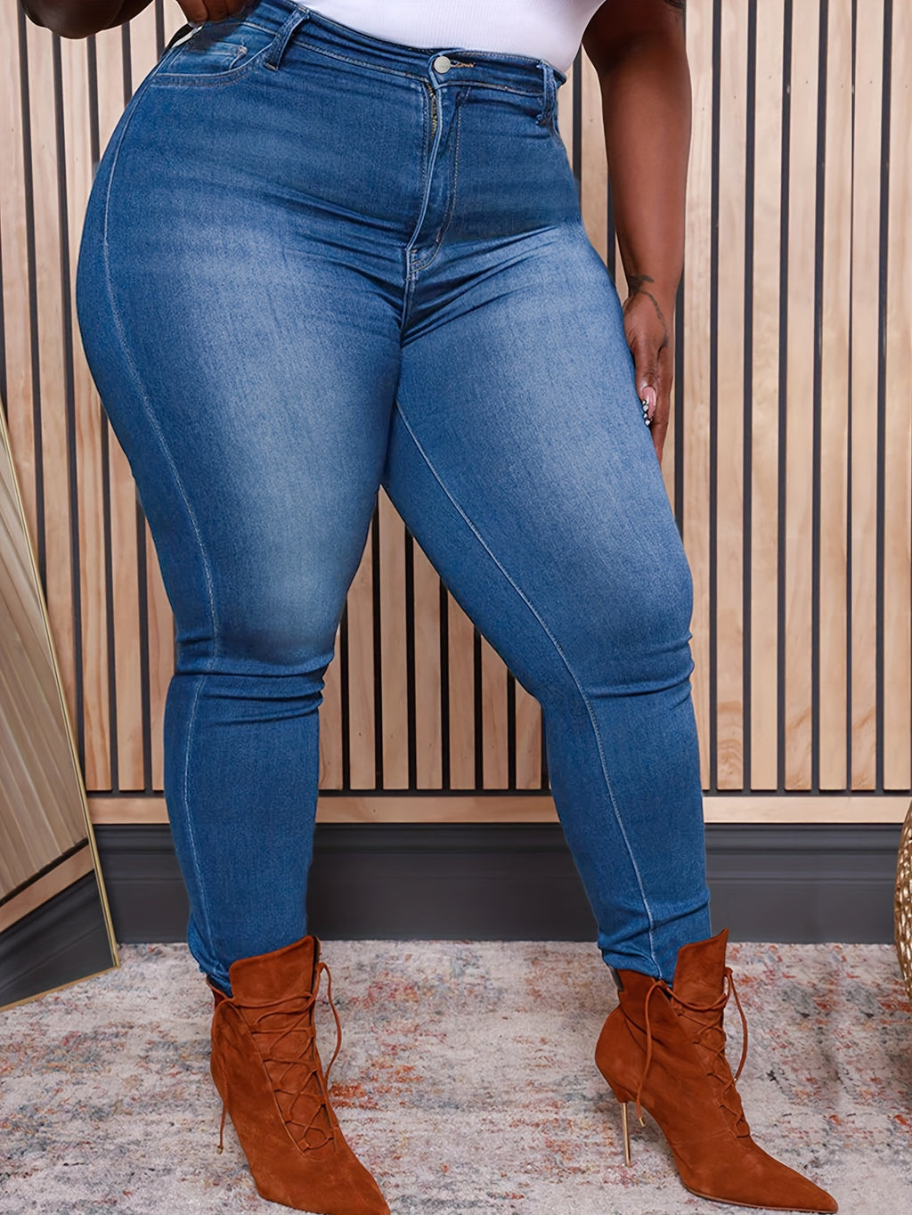 Jeans Justos Elásticos Plus Size para Mulher - Calças Elásticas Não Transparentes com Fecho de Zíper Incorporado, Roupa para Todos os Dias e Formais para Todas as Estações - Jeans K.1978 para Mulher