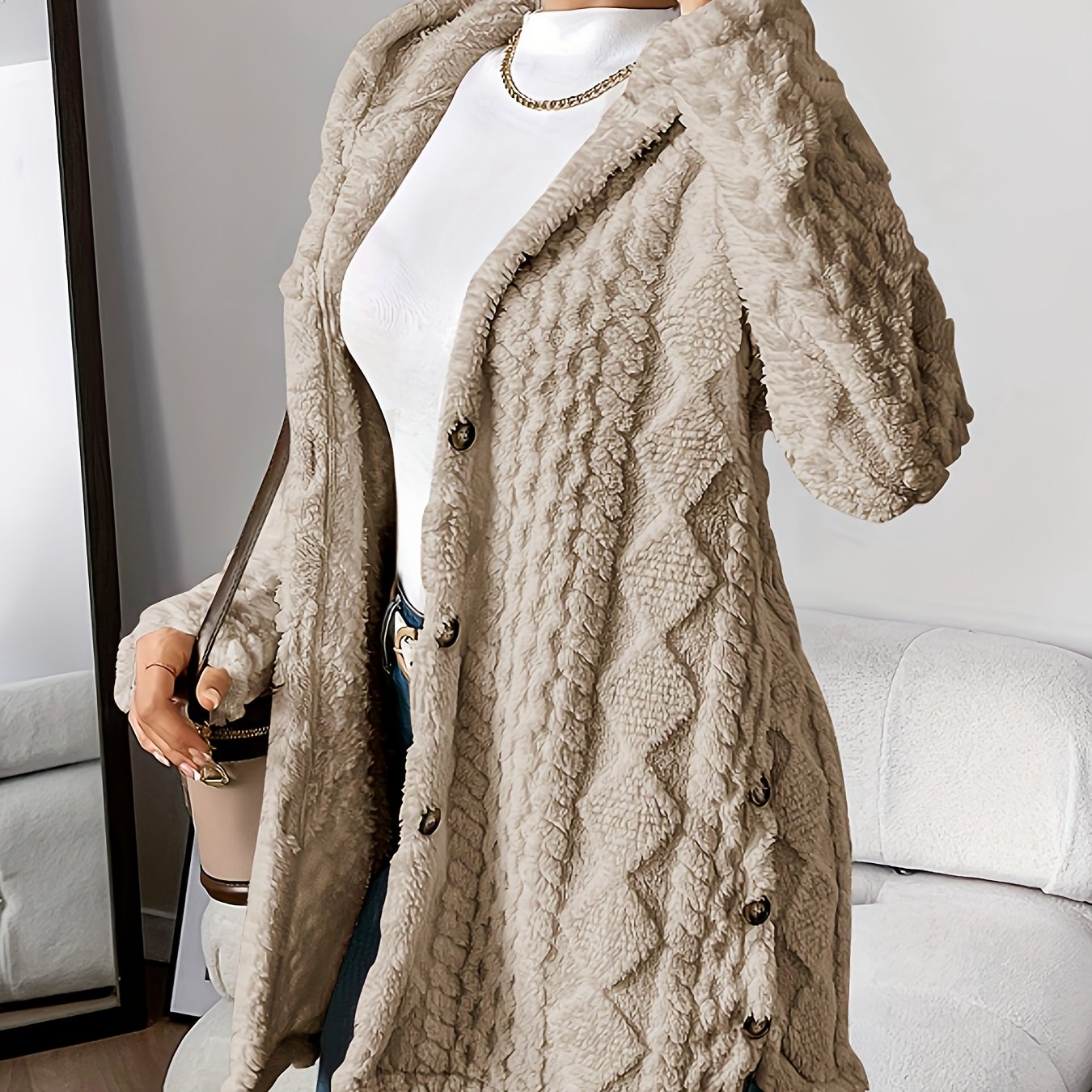 Chic Hooded Jacquard Plush Cardigan for Fall-Winter