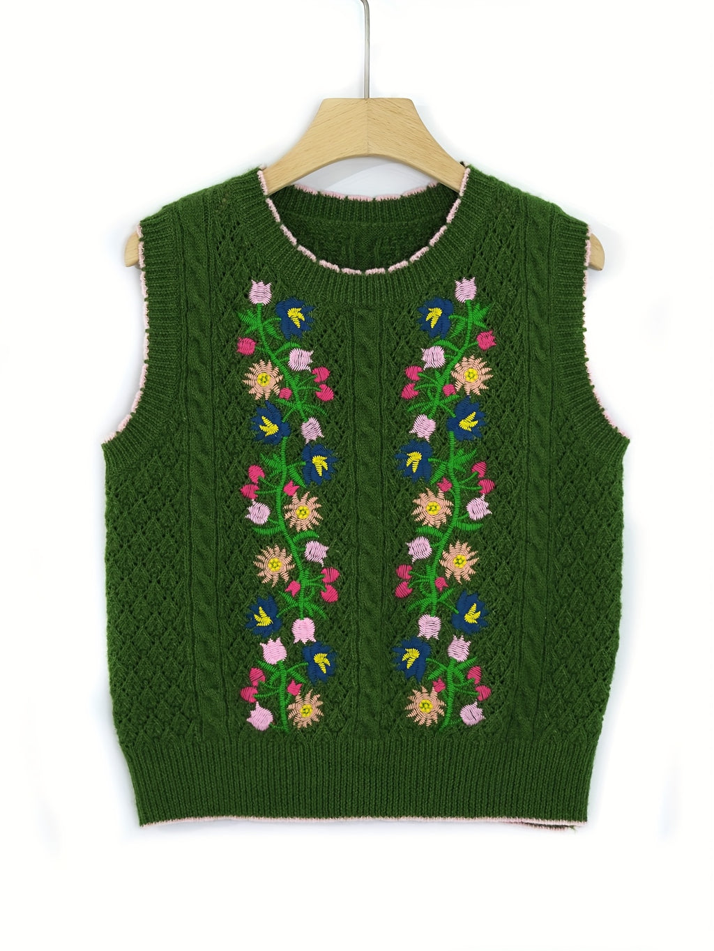 Suéter Feminino Floral - Colete de Malha Elástico, Sem Mangas para Eventos Casuais e Formais, Lavável na Máquina (Verde com Detalhes em Rosa/Azul/Roxo) - Suéter Elegante para Todas as Estações, Blusas Fofas