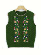Suéter Feminino Floral - Colete de Malha Elástico, Sem Mangas para Eventos Casuais e Formais, Lavável na Máquina (Verde com Detalhes em Rosa/Azul/Roxo) - Suéter Elegante para Todas as Estações, Blusas Fofas