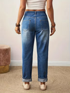 Calças Jeans Femininas Elásticas - Calças de Stretch Não Transparentes com Estampa Floral (Rosa/Vermelho/Amarelo), Corte Reto para Looks Casuais e Formais, Lavável em Máquina, Bordado Decorativo, Moda Confortável