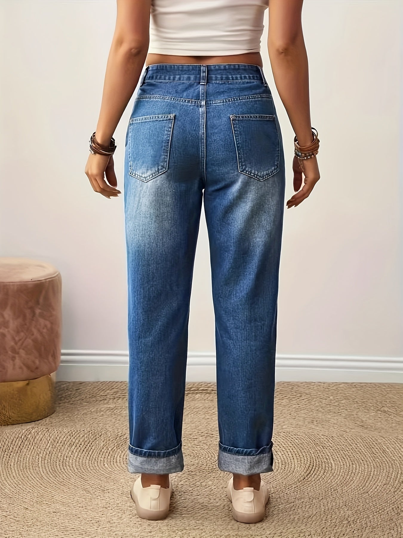 Calças Jeans Femininas Elásticas - Calças de Stretch Não Transparentes com Estampa Floral (Rosa/Vermelho/Amarelo), Corte Reto para Looks Casuais e Formais, Lavável em Máquina, Bordado Decorativo, Moda Confortável