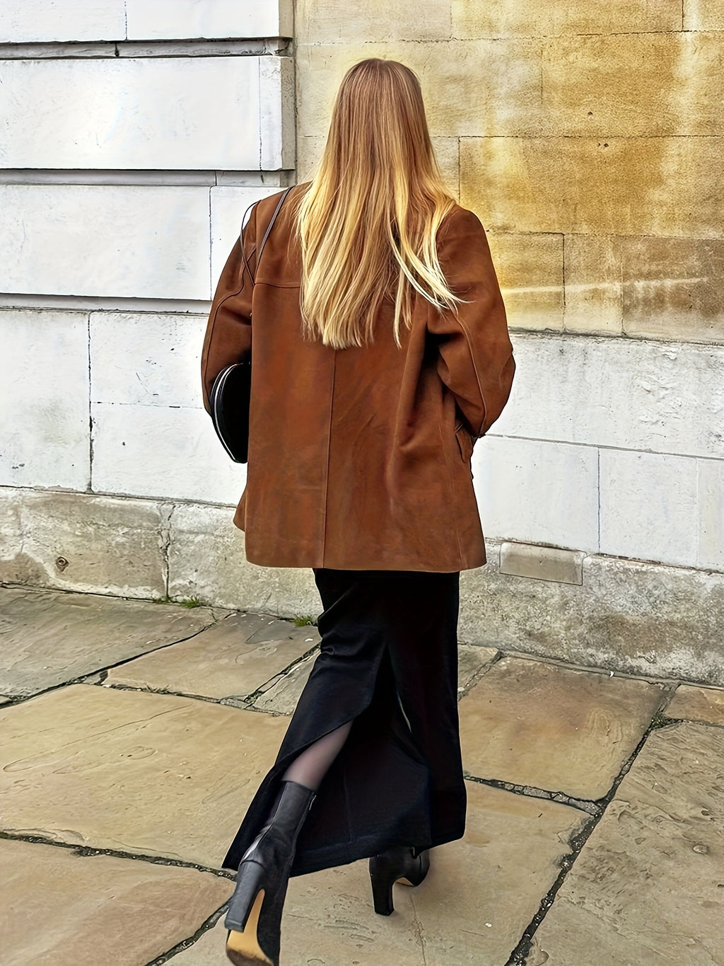 Conjunto Novo Retrô Solto com Lapela e Bolso em Cor Sólida para Mulheres Outono-Inverno