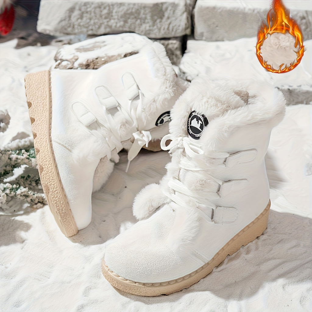 Botas de Inverno Femininas - Botas de Neve de Cano Médio com Fecho de Cordões, Sola de Borracha Antiderrapante, Parte Superior em Tecido Quente - Castanho - Palmilha Acolchoada - Sapatos para Clima Frio para Senhoras, Botas de Inverno Femininas, Interior Forrado a Pelúcia