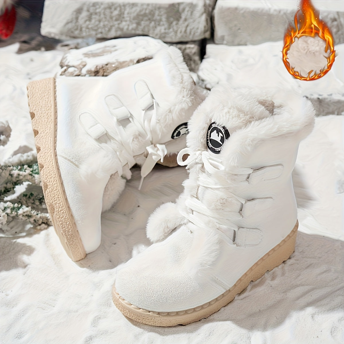 Botas de Inverno Femininas - Botas de Neve de Cano Médio com Fecho de Cordões, Sola de Borracha Antiderrapante, Parte Superior em Tecido Quente - Castanho - Palmilha Acolchoada - Sapatos para Clima Frio para Senhoras, Botas de Inverno Femininas, Interior Forrado a Pelúcia