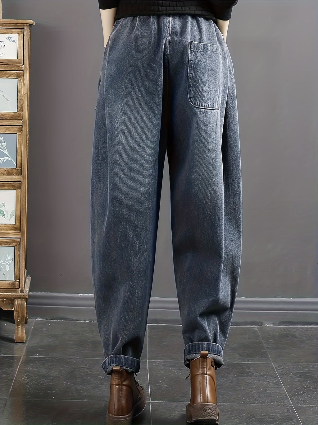 Calças Harlan Femininas Tamanho Grande - Cintura Elástica, Jeans Oversized Lavados, Ideais para Inverno, Uso Casual e Camadas, Calças Confortáveis de Bonusemption