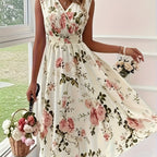 Chic V-Neck Floral A-Line Dress - Sleeveless Elegance