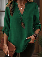 Camisa de Imitação de Denim Cinza Claro Plus Size Feminina - Blusa Elegante Casual de Manga Longa e Gola Redonda, Lavável à Máquina para Primavera/Verão, Design Minimalista, Textura Semelhante a Linho, Tecido Não Transparente, Combinável com Leggings, Material Respirável, Estilosa