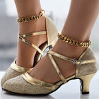 Sapatos De Dança Latina D'Orsay Com Brilho Para Mulheres, Saltos Médios Robustos Com Fivela Cruzada, Sapatos De Dança Elegantes Para Todas As Ocasiões