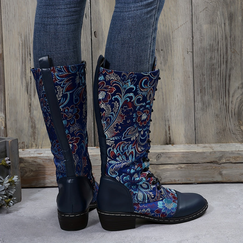 Botas Femininas Chinesas com Bico Redondo e Salto Baixo - Fechamento com Zíper - Botas de Tecido Adequadas para Looks Casuais, Elegantes e Informais - Estampa de Flor Chinesa