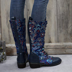 Botas Femininas Chinesas com Bico Redondo e Salto Baixo - Fechamento com Zíper - Botas de Tecido Adequadas para Looks Casuais, Elegantes e Informais - Estampa de Flor Chinesa