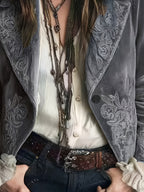 Blazer Feminino Elegante Vintage com Bordado Botânico - Jaqueta X-Shape de Um Botão, Lavável na Máquina, Traje de Outono/Inverno para Casamentos e Ocasiões Especiais (Comprimento Regular)