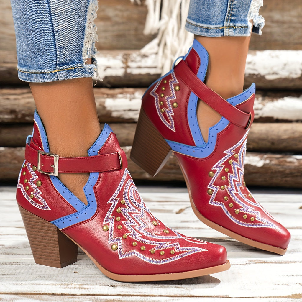 Botas de salto grosso com decoração de contas douradas para mulheres, design de fivela de moda, botas de tornozelo confortáveis para mulheres