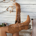 Botas De Cowboy De Salto Grosso Feminino, Botas De Cano Alto Na Moda, Botas Confortáveis ​​com Zíper Lateral