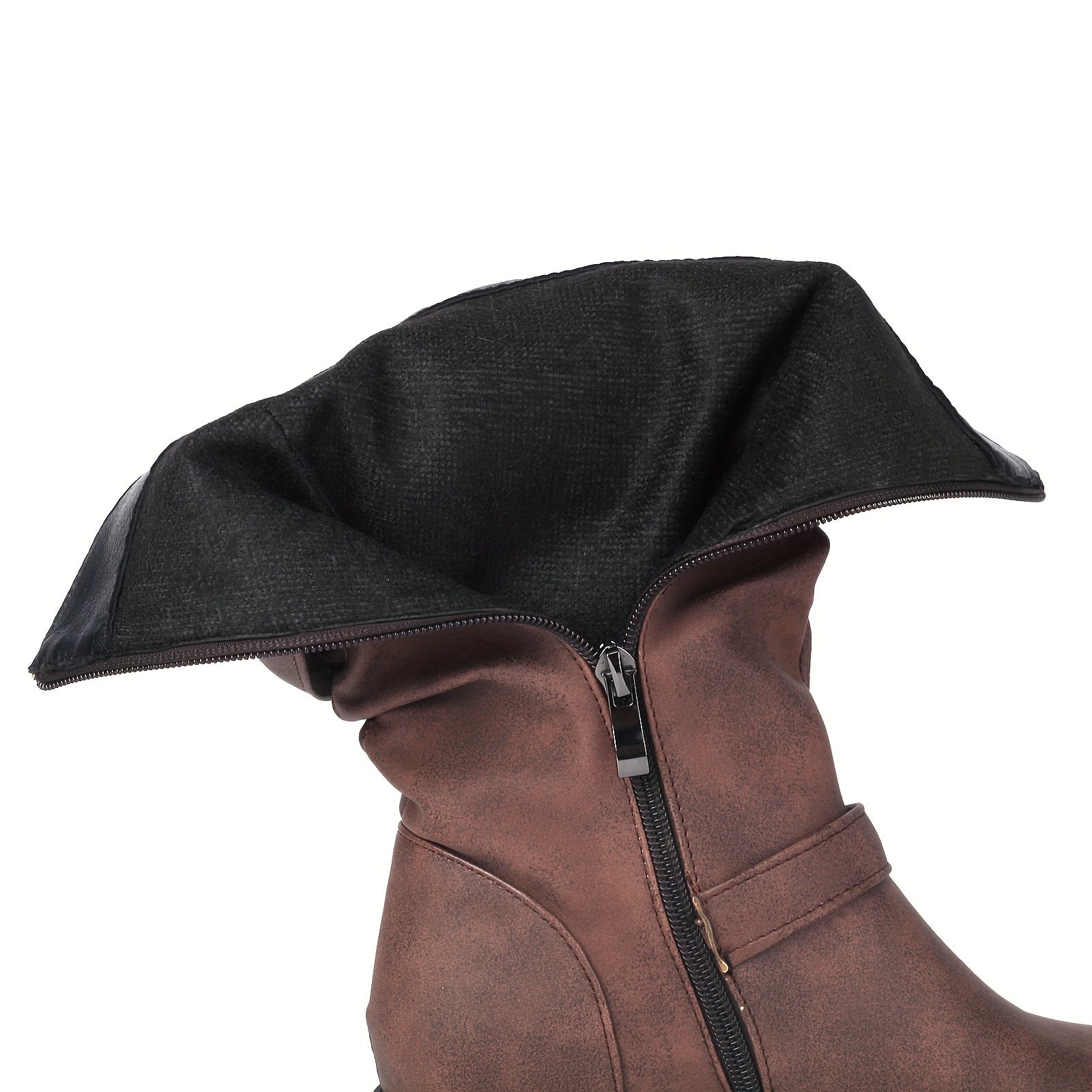 Botas de cano médio estilo retro para mulher com parte superior falsa, forro de lã, salto baixo e fecho de correr para o inverno