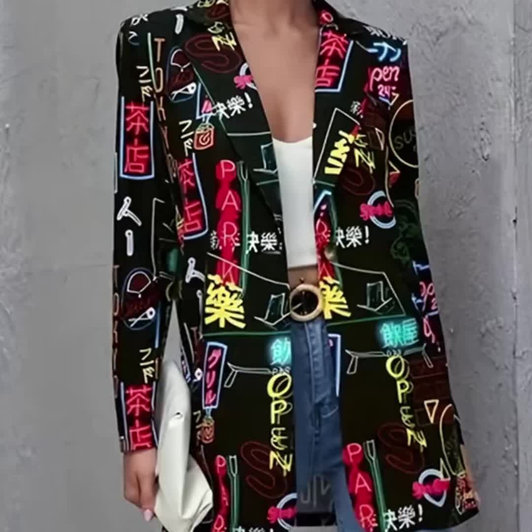 Blazer Plus Size Feminino com Estampa Neon Graffiti - Jaqueta Streetwear Retrô, Casaco Casual Solto para Mulheres Modernas