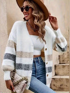 Jaqueta Estilo Francês com Botões Frontais e Listras Horizontais - Blusa de Caimento Relaxado para Outono/Inverno, Casaco Casual e Elegante (Não-)