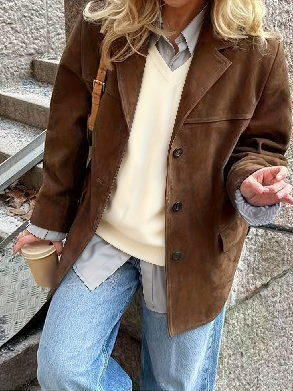 Conjunto Novo Retrô Solto com Lapela e Bolso em Cor Sólida para Mulheres Outono-Inverno