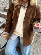 Conjunto Novo Retrô Solto com Lapela e Bolso em Cor Sólida para Mulheres Outono-Inverno