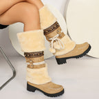 Botas de Inverno Retrô Bohemian Femininas com Detalhes de Bolas de Miçangas e Laço - Botas de Cano Médio com Solado de Borracha Grossa e Forro de Pele Sintética para Passeios Casuais, Encontros, Compras - Preto, Botas de Inverno
