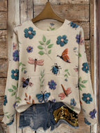 (Impressão Digital 2D) [Estampa Total] [Leve] [Suéter] Suéter de Malha Leve com Estampa Completa de Insetos, Gola Redonda Casual e Manga Longa, Moda Feminina