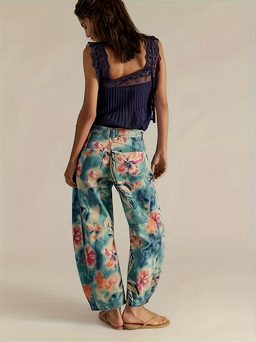 Calças Jeans Femininas de Perna Larga com Estampa Floral Verde - Calças de Pintura Botânica em Azul Turquesa e Rosa, Calças Retas Vintage com Bolsos, Jeans Laváveis à Máquina para Todas as Estações, Ideais para Estilo Boho, Casual e Formal (Padrões de Perna com Flores)