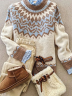 Blusa Feminina Elegante Casual Étnica/Geométrica - Blusa de Inverno Quente com Bloco de Cores e Gola Redonda, Lavável na Máquina, Confortável para Camadas de Outono/Inverno, Novidade 2024 (Poliéster) - Coleção Elegante para Vestidos e Blusas