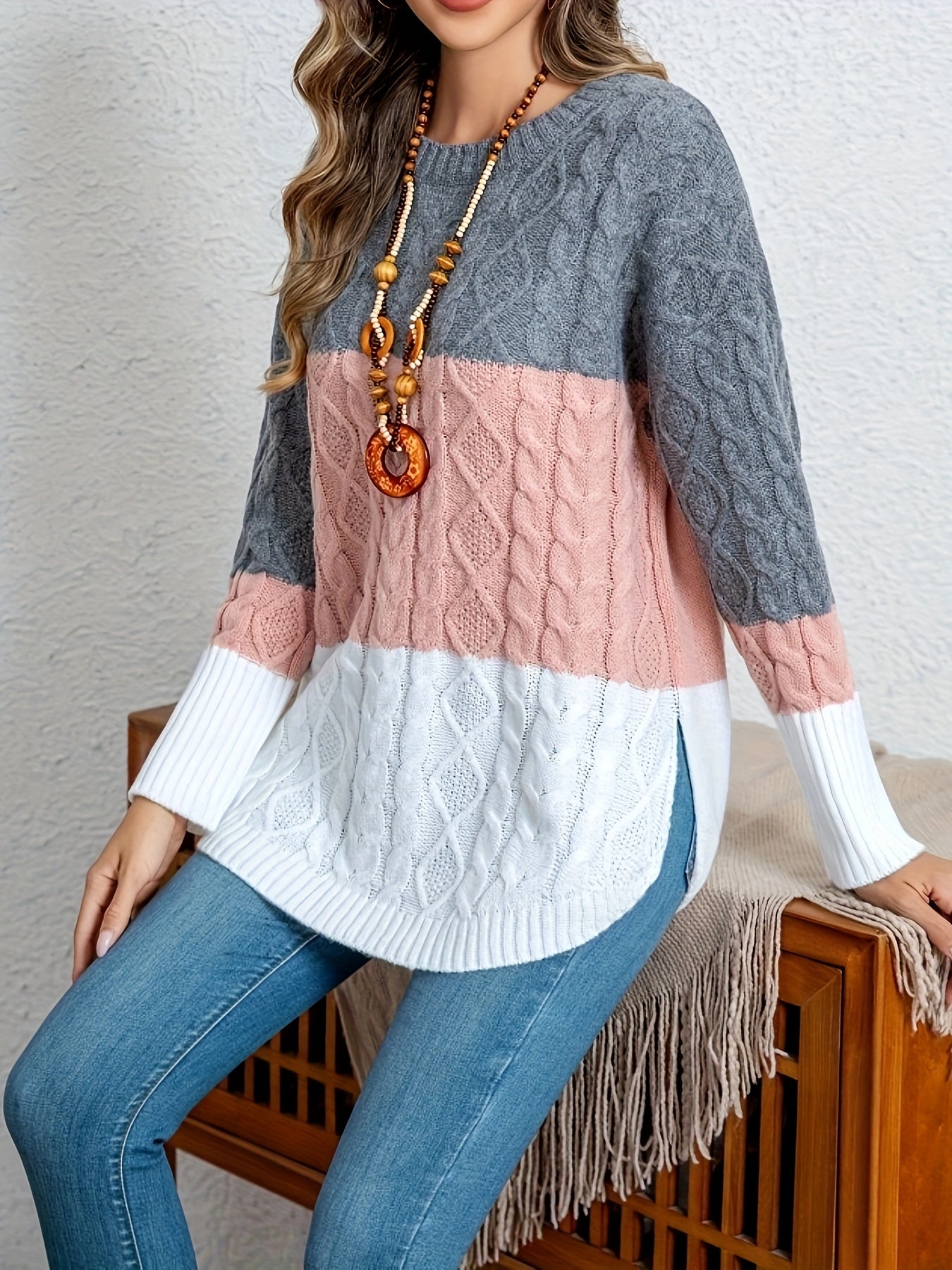 Tamanho Grande - Suéter Macio Inspirado na Moda Vintage para Mulheres - Design Chic Bege e Preto em Duas Tons, Roupa Casual de Outono/Inverno, Gola Redonda, Manga Longa, Aconchegante e Elegante, Roupa Casual | Top Vintage Chic | Construção, Suéter Vestido