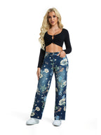 Calças de ganga de cintura alta para mulheres com estampa floral rosa vibrante - pernas retas, fecho de botão, calças longas casuais para verão e outono, calças de ganga de cintura alta, roupa casual de outono, ajuste confortável