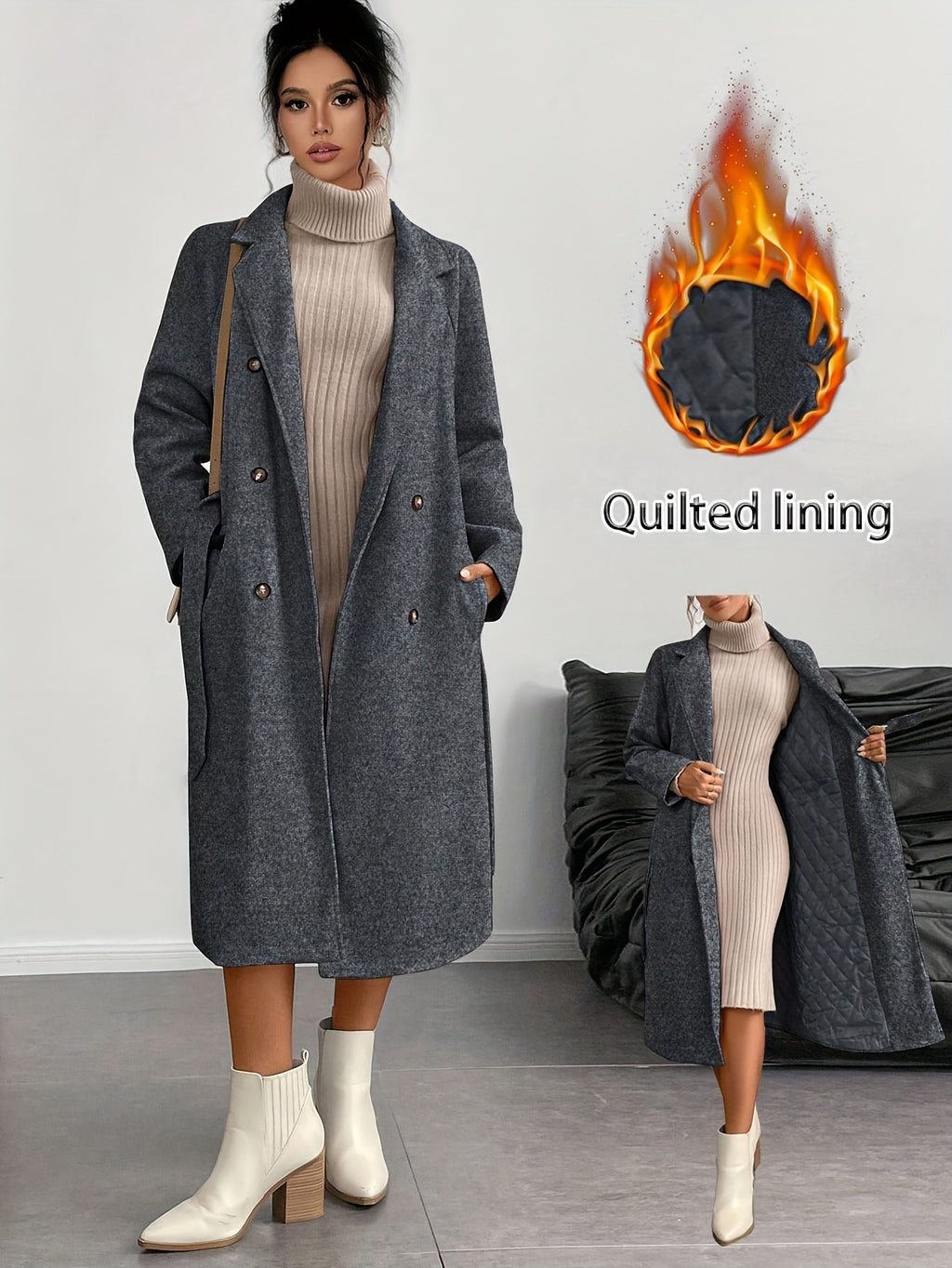 Casaco Comprido de Dupla Cartela Feminino com Cinto - Tweed Bege, Bainha Assimétrica, Mangas Compridas, Bolsos, Corte Regular para Outono/Inverno, Roupa Exterior de Inverno | Casaco com Cinto | Design Estruturado