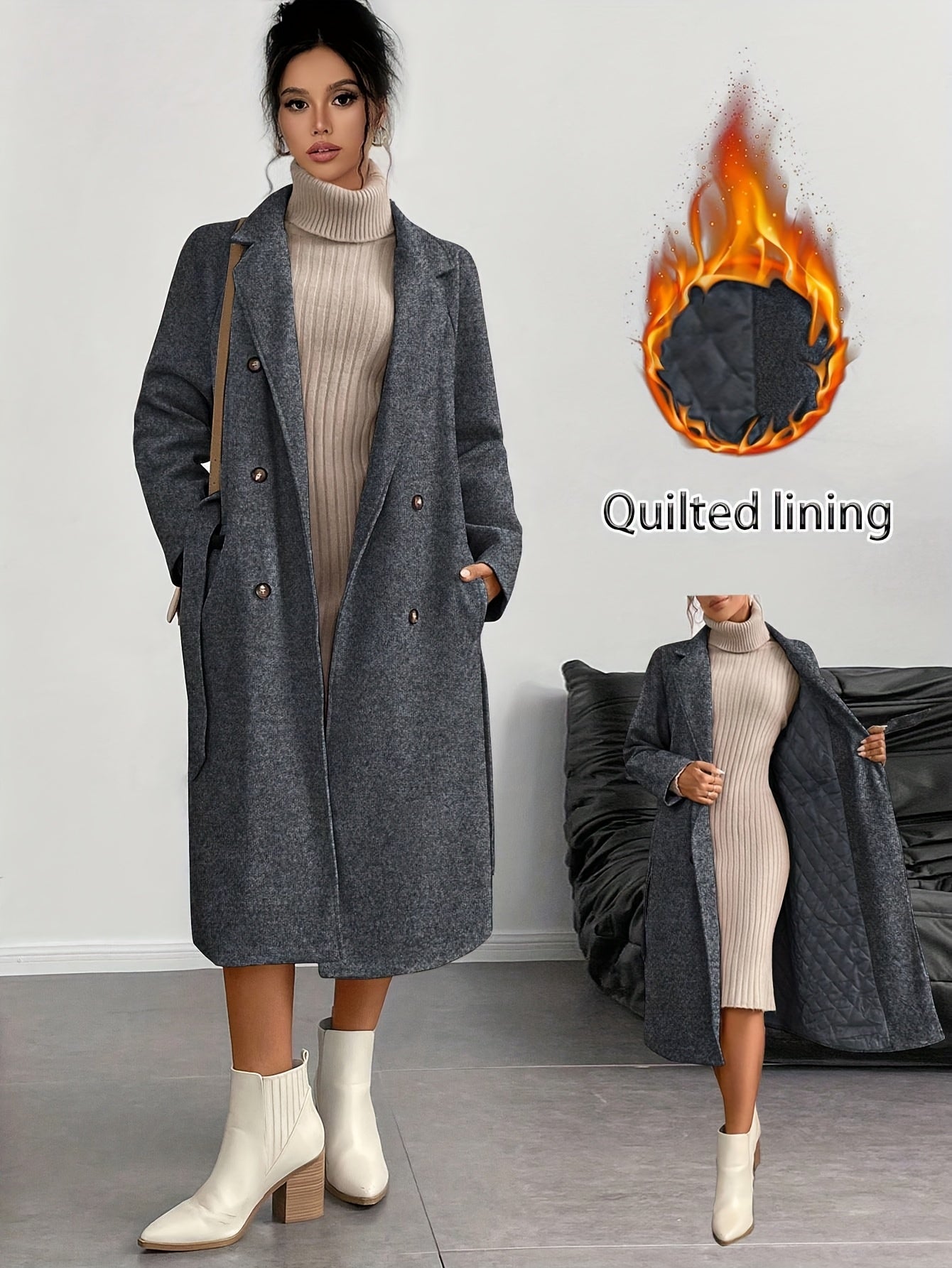 Casaco Comprido de Dupla Cartela Feminino com Cinto - Tweed Bege, Bainha Assimétrica, Mangas Compridas, Bolsos, Corte Regular para Outono/Inverno, Roupa Exterior de Inverno | Casaco com Cinto | Design Estruturado