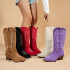 FOMOTI Botas de Cowboy Femininas com Bico Fino e Salto Bloco - Fechamento com Zíper, Salto Médio para Montaria, Solado em TPR/Borracha e Tecido para Jeans, Botas de Vestir para Cavalgada, Uso Casual e Western - Duráveis e Confortáveis