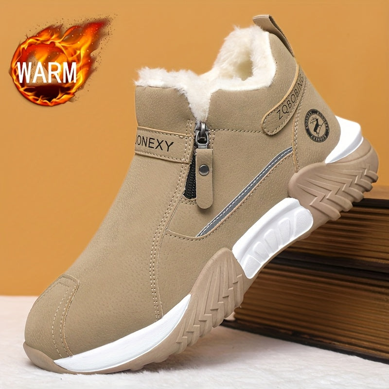 Botas de Neve Unissex para Inverno, Simples e Modernas em Cores Sólidas de Cinza, Preto, Caqui, Design Superior em PU, Design de Calçar Fácil, Sola de PVC Espessa e Macia Resistente ao Desgaste com Aderência Forte, Forrada para Calor e Conforto, Sapatos Deslizantes para Preguiça, Adequados para