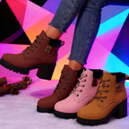 Botas de salto alto bege femininas com design de atacadores, biqueira redonda, salto bloco, botas de inverno elegantes, botas de inverno|Botas de biqueira redonda|Botas de atacadores