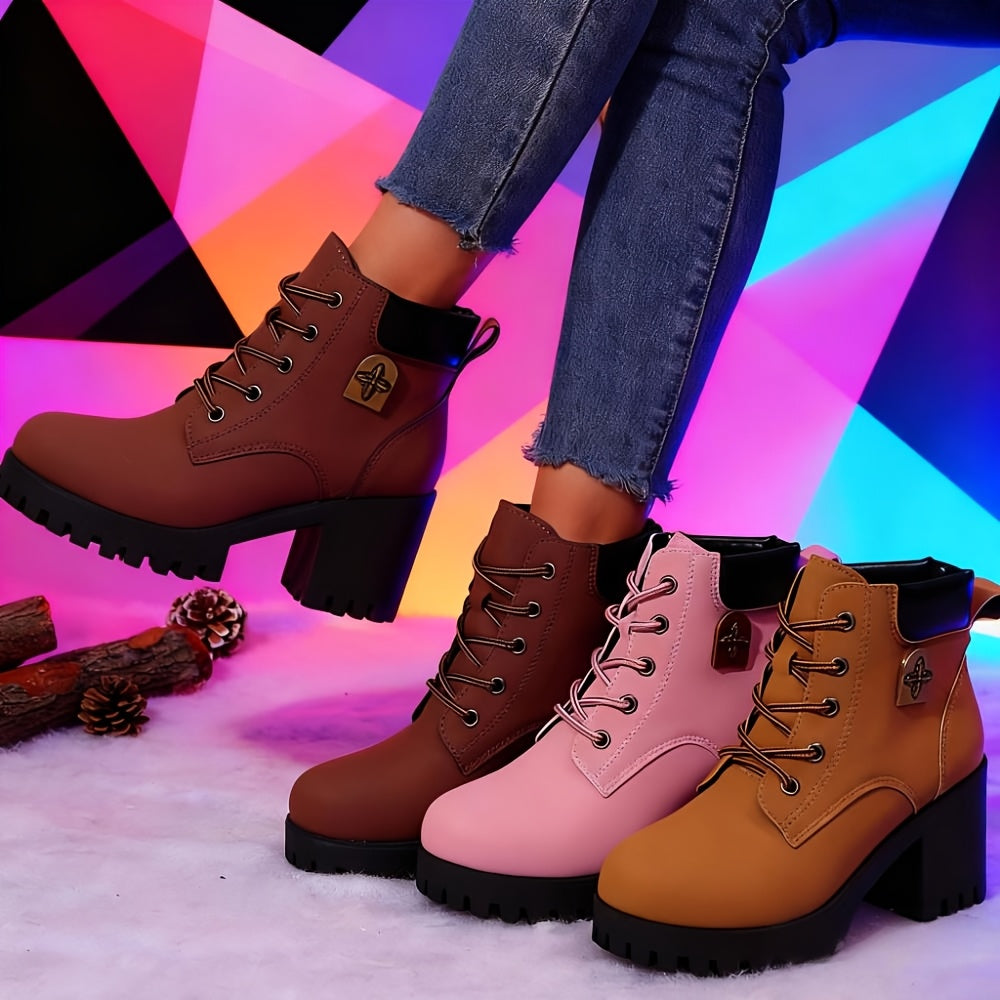 Botas de salto alto bege femininas com design de atacadores, biqueira redonda, salto bloco, botas de inverno elegantes, botas de inverno|Botas de biqueira redonda|Botas de atacadores