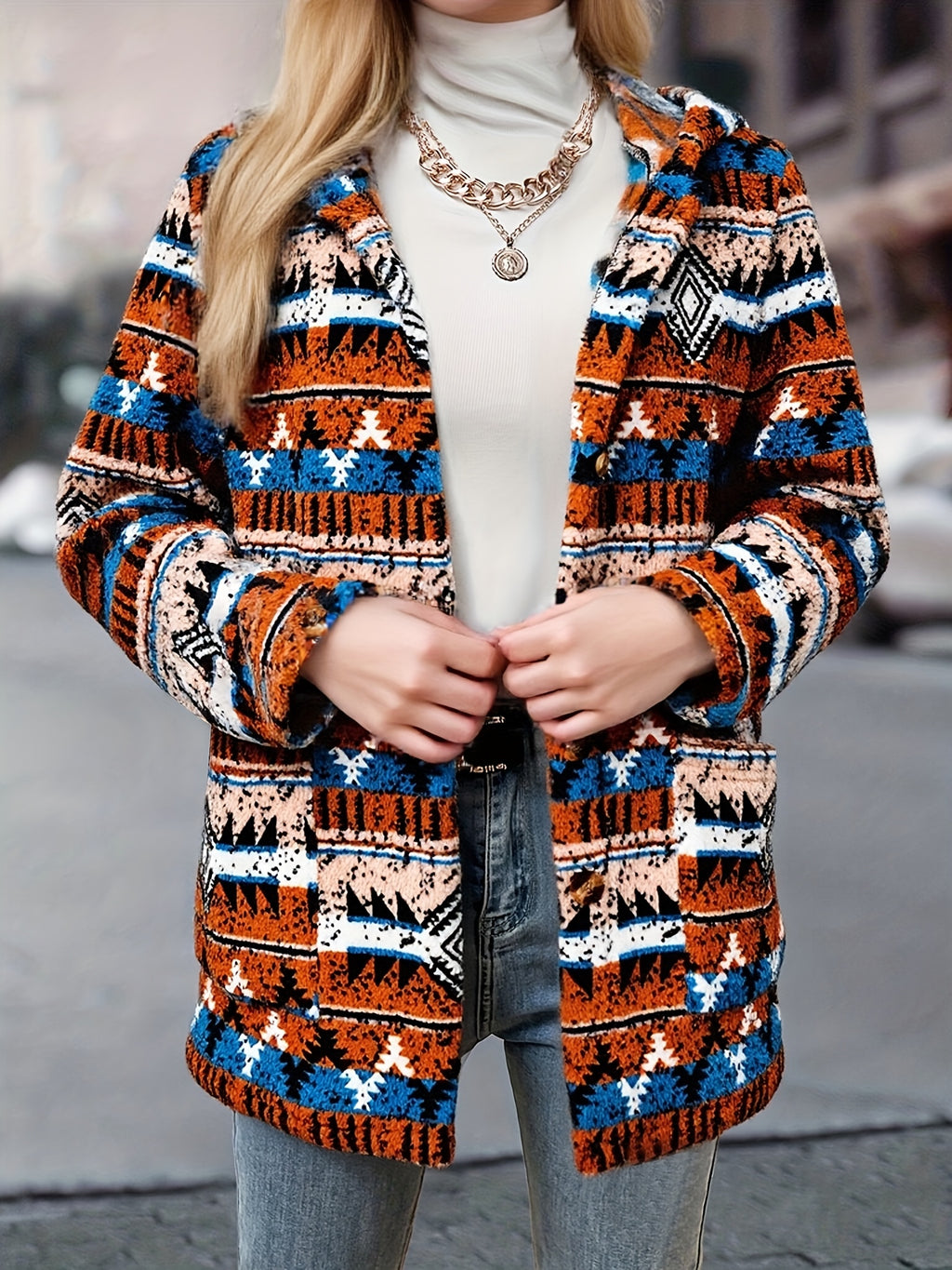 Casaco de Fleece com Capuz e Estampa Geométrica Asteca para Mulheres - Jaqueta Casual de Comprimento Médio com Bolsos Frontais, Lavável à Máquina & Fechamento de Botão Único para Passeios de Outono/Inverno, Moda de Outono, Design Étnico, Calor Duradouro