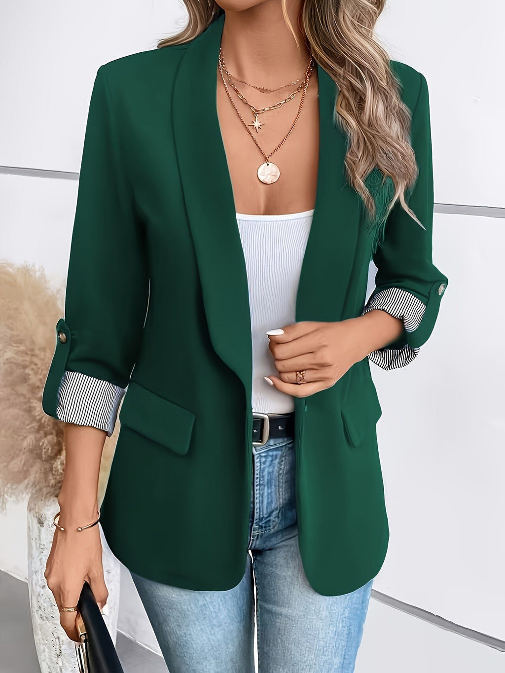 Blazer elegante de dupla abotoadura em azul claro para mulher, com gola de lapela e detalhe de punho - Manga três quartos, poliéster, casaco de moda primavera/outono